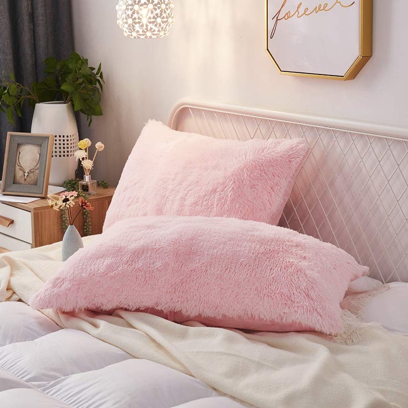 Uhamho Set of 2 Standard Queen Faux Fur Throw Pillow Covers Soft Velvet Decorative Pillowcases Zipper Closure(20 x 26 Inches Pink) - Image 1